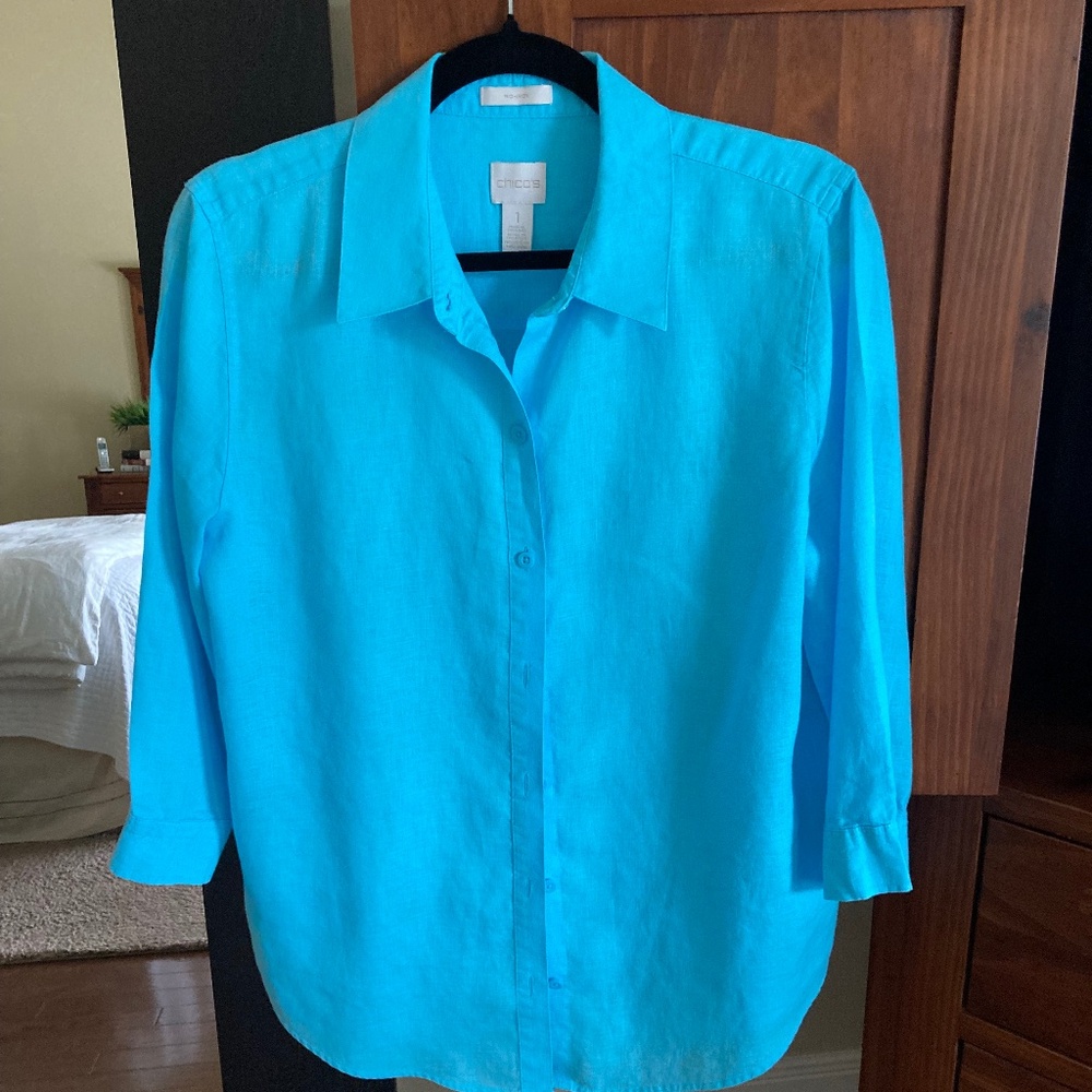 Chico's No-Iron Linen Turquoise Blouse